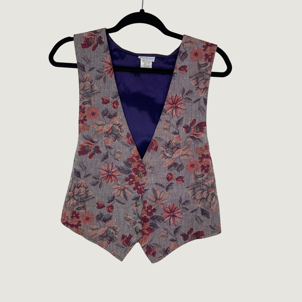 Backroad Blues Tapestry Vest Purple Floral Woven Vintage Ornate Buttons Sz M
